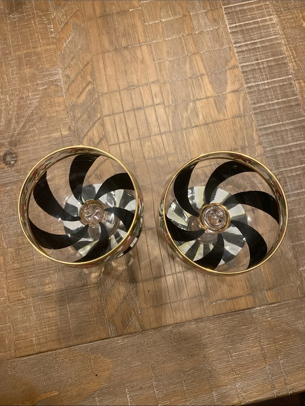 Mackenzie Childs Hand-Painted Floral and Black-White Coupe Glasses Set of 2